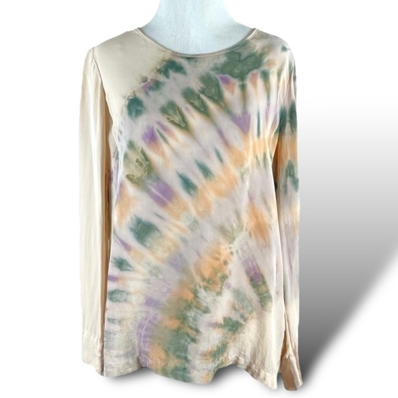 Raquel Allegra 100% Silk Blouse Tie Dye Ink Blot Size 1 Made in LA Nude Neutral - Picture 1 of 16